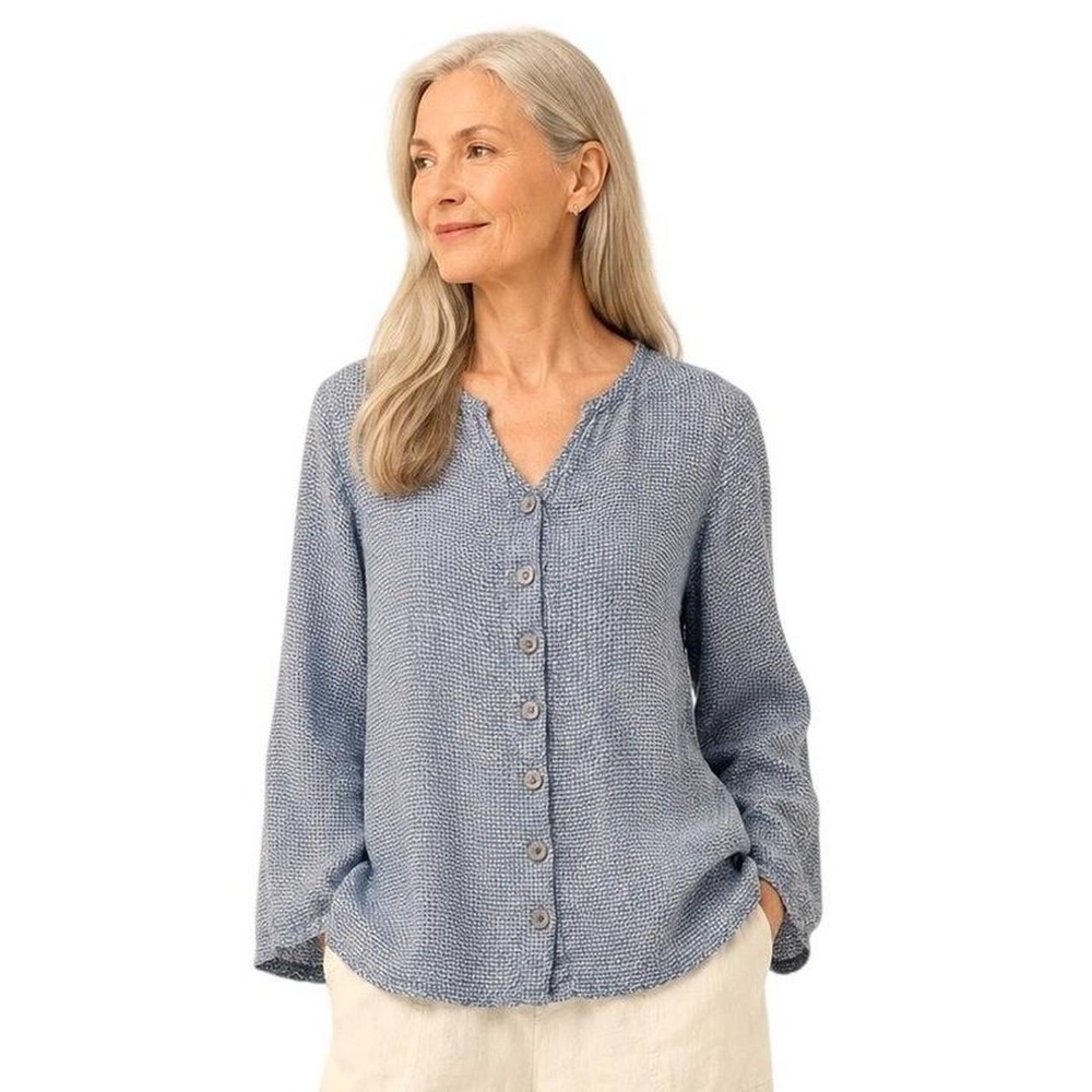 FLAX Linen Shirt Women P Dusty Blue Button Down Long Sleeve Textured Lagenlook